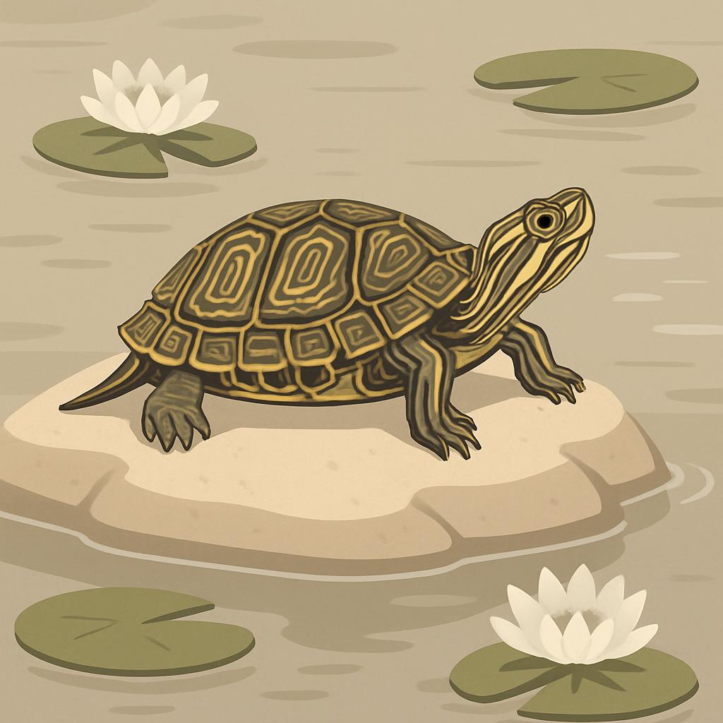 Illustration of a tortoise on a rock surrounded by water lilies.