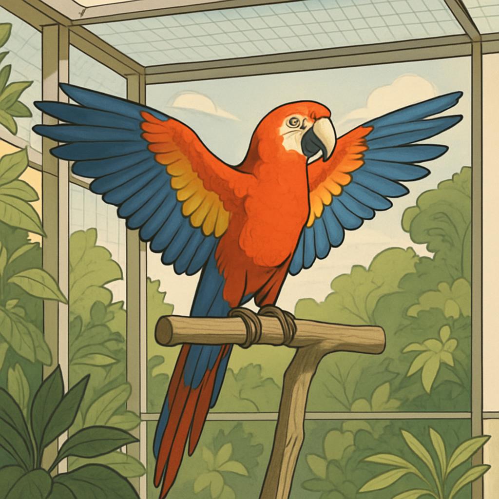 A parrot with its wings outstretched, in a birdcage, surrounded by plants, a verdant landscape out of focus in the backgro...
